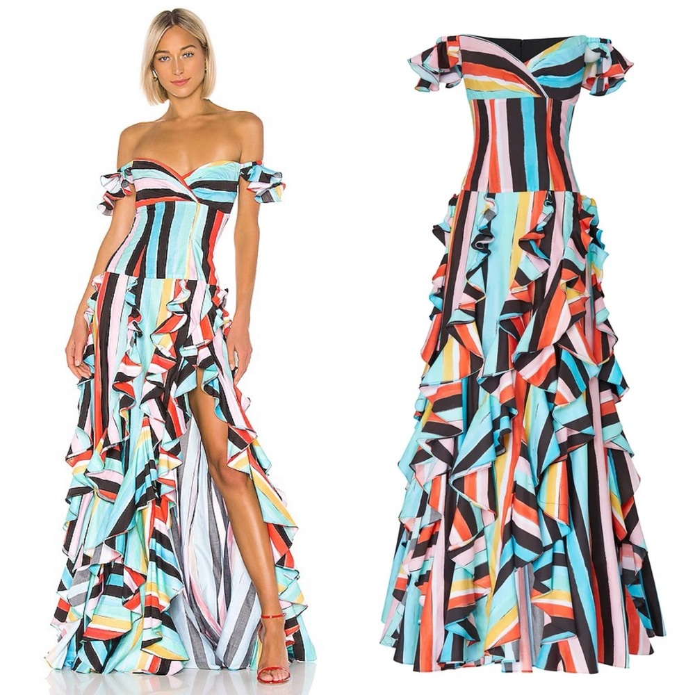 Caroline Constas Rainbow Striped Ruffle Gown Off Shoulder Size Large - Picture 3 of 16